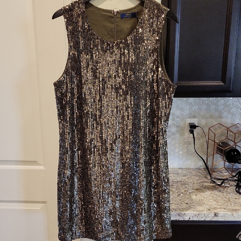 Polo by Ralph Lauren Metallic Sequin Shift Dress - Bronze/Gold NWT